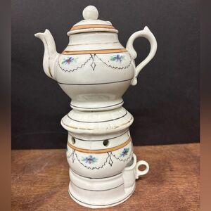 Antique White Ceramic Tisaniere Teapot Tea Warmer with Floral Design